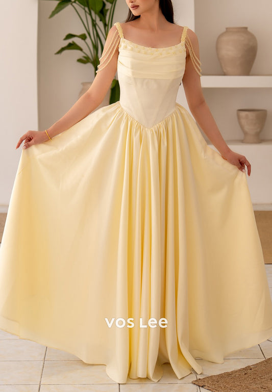 A-Line Scoop Spaghetti Straps Beaded Pleated Long Prom Dresses