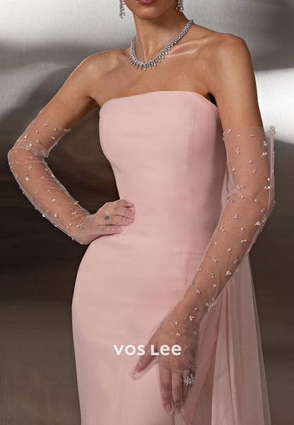 Tube Top Floral Embellished Pleated Mermaid Prom Dresses with Court Train