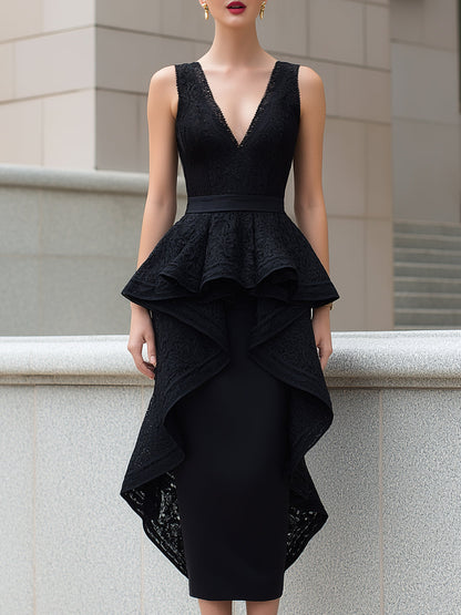 Lace Peplum High-Low Hem Sleeveless Midi Dress