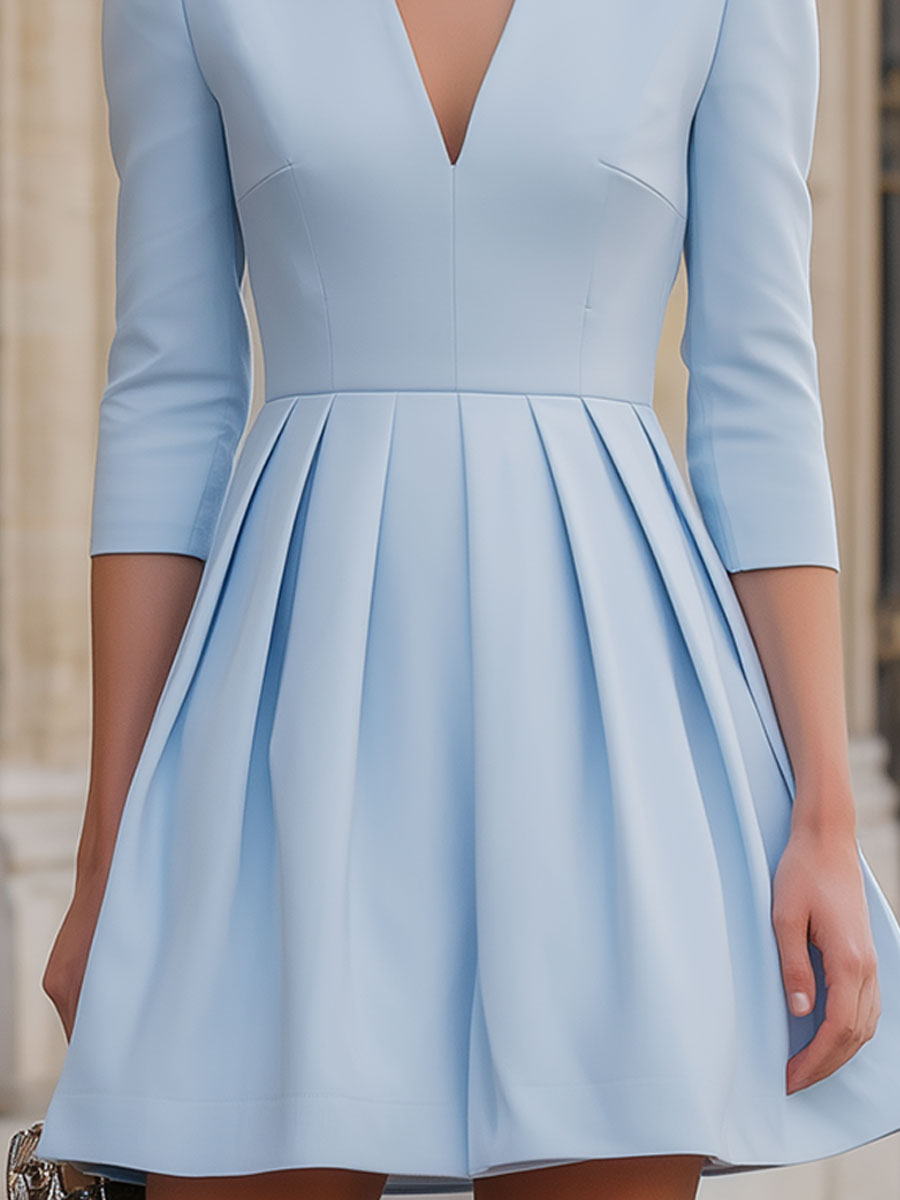Elegant Powder Blue Pleated Fit-and-Flare Dress