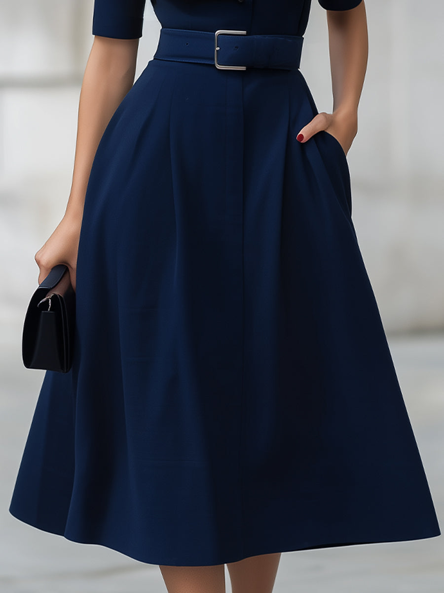 Navy High Neck Short Sleeve Belted Fit-and-Flare Midi Dress