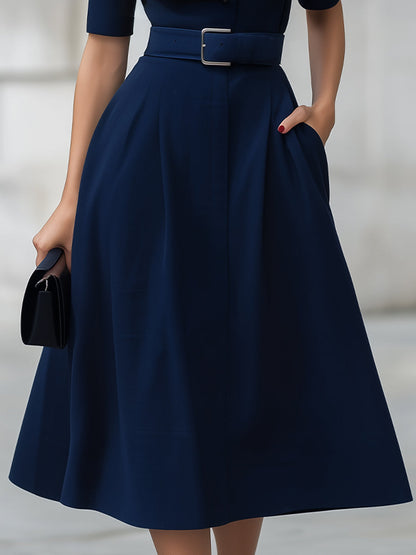 Navy High Neck Short Sleeve Belted Fit-and-Flare Midi Dress