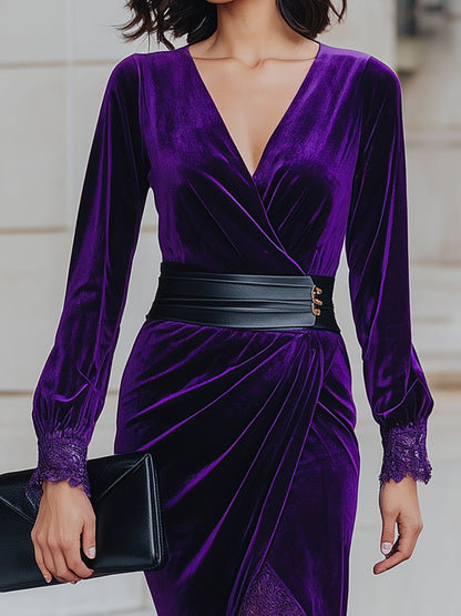 VOS LEE Royal Purple Velvet Lace Midi Dress