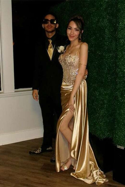 Spaghetti Straps Sage Beaded Satin Long Formal Dress