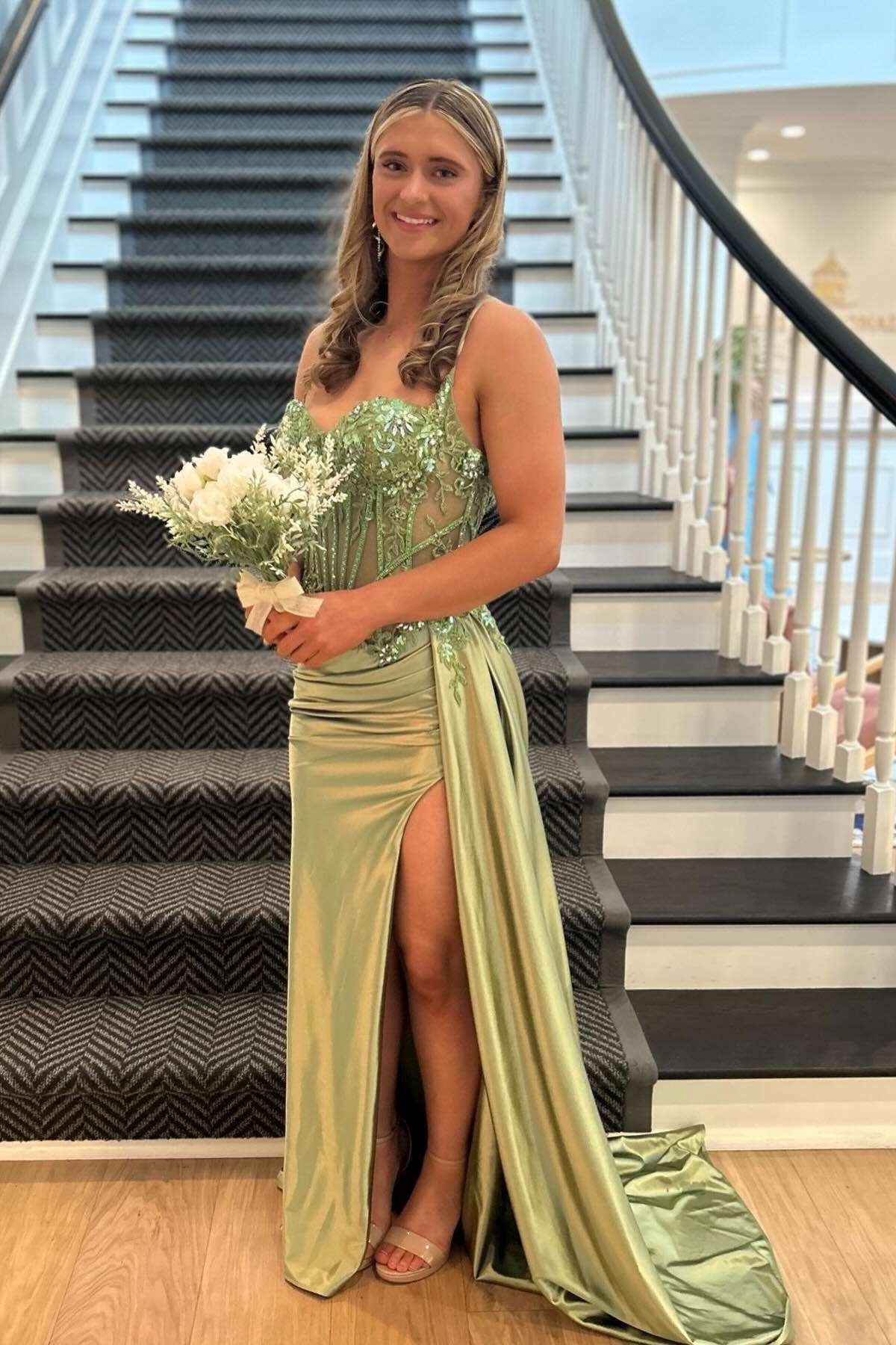 Spaghetti Straps Sage Beaded Satin Long Formal Dress