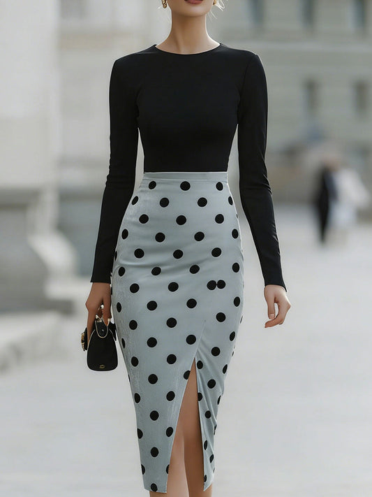 Modern Contrast Black & Polka Dot Bodycon Dress
