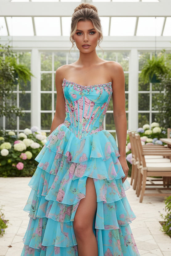 New Arrival A Line Scoop Neck Floral Chiffon Prom Dress with Beading