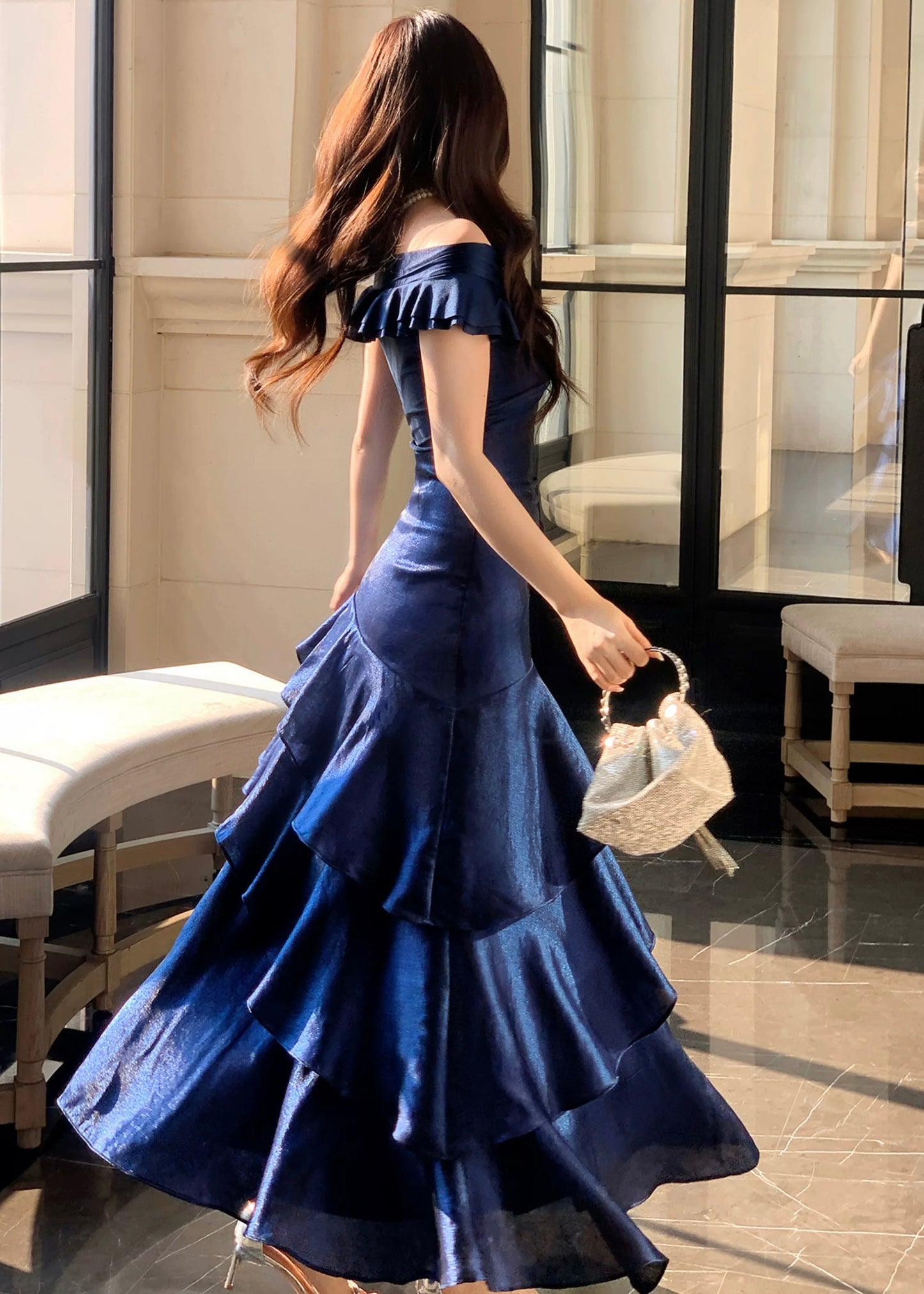 Luxury Navy Blue Ruffled Mermaid Dress – Perfect for Wedding & Gala