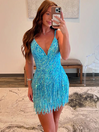 Sparkly Sheath Spaghetti Straps Orange Sequins Short Homecoming Dress with Tassel