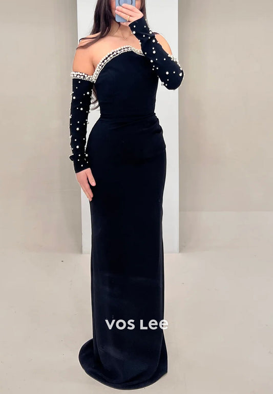 Simple Long Sleeve Strapless Pearls Floor-Length Mermaid Evening Dresses with Split