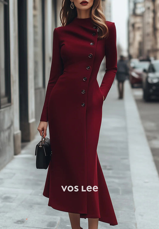 Simple Long Sleeve High Neck Tea-Length Pleated Mermaid Wedding Guest Dresses