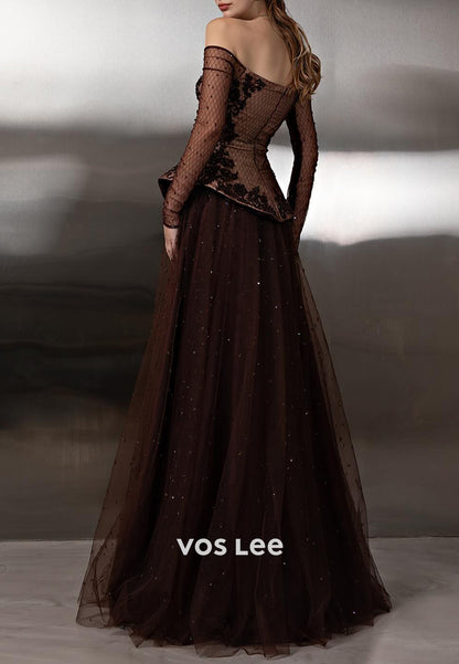 Tube Top Long Sleeve Appliques A-Line Tulle Floor-Length Prom Dresses