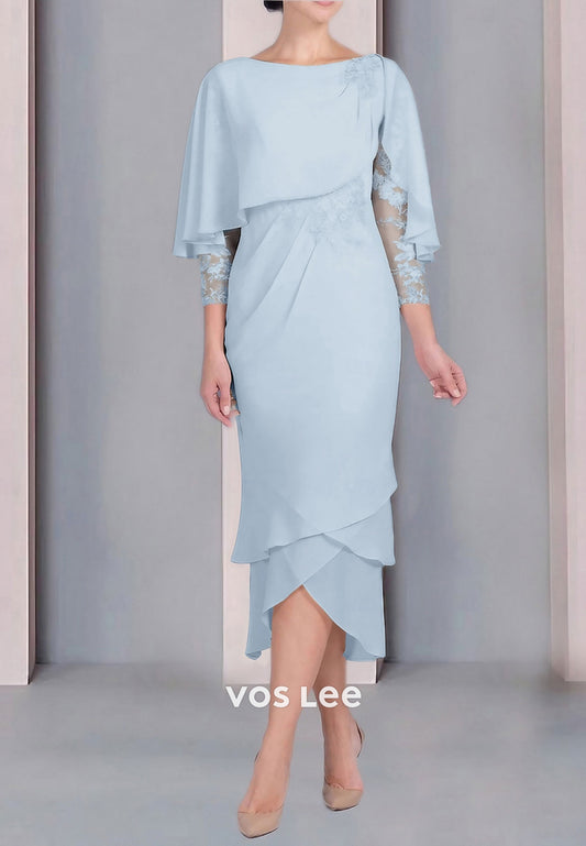 Classic 3/4 Sleeve Scoop Appliques Tea-Length Sheath Mother of Bride Dresses