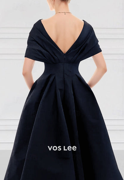 A-Line Cap Sleeves Plunging V-Neck Appliques Ankle-Length Evening Dresses