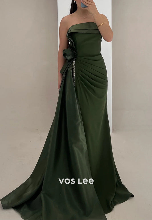 Simple Strapless Flowers Rhinestone Pleated Mermaid Evening Dresses with Sweep Train