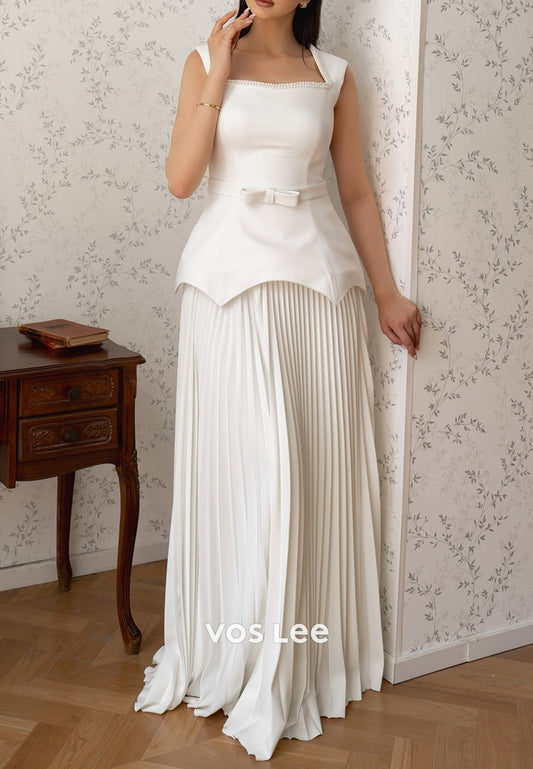 White A-Line Pearl Embellished Pleated Evening Dresses