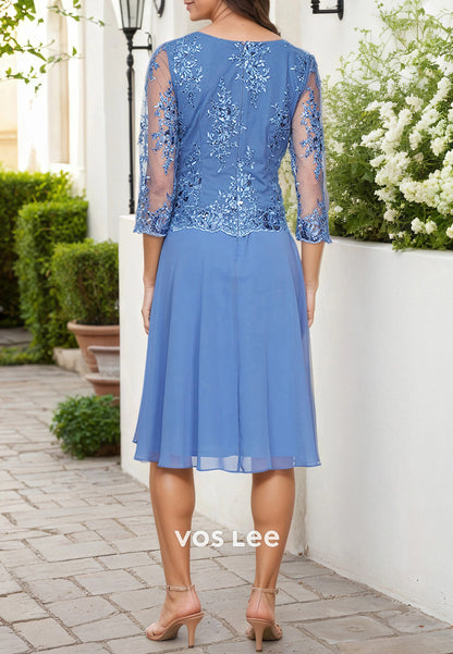 Simple & Casual A-Line 3/4 Sleeve V Neck Appliqued Tea-Length Mother of Bride Dresses