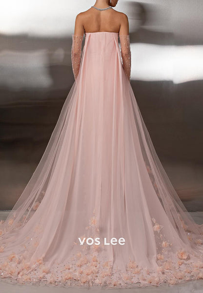 Tube Top Floral Embellished Pleated Mermaid Prom Dresses with Court Train