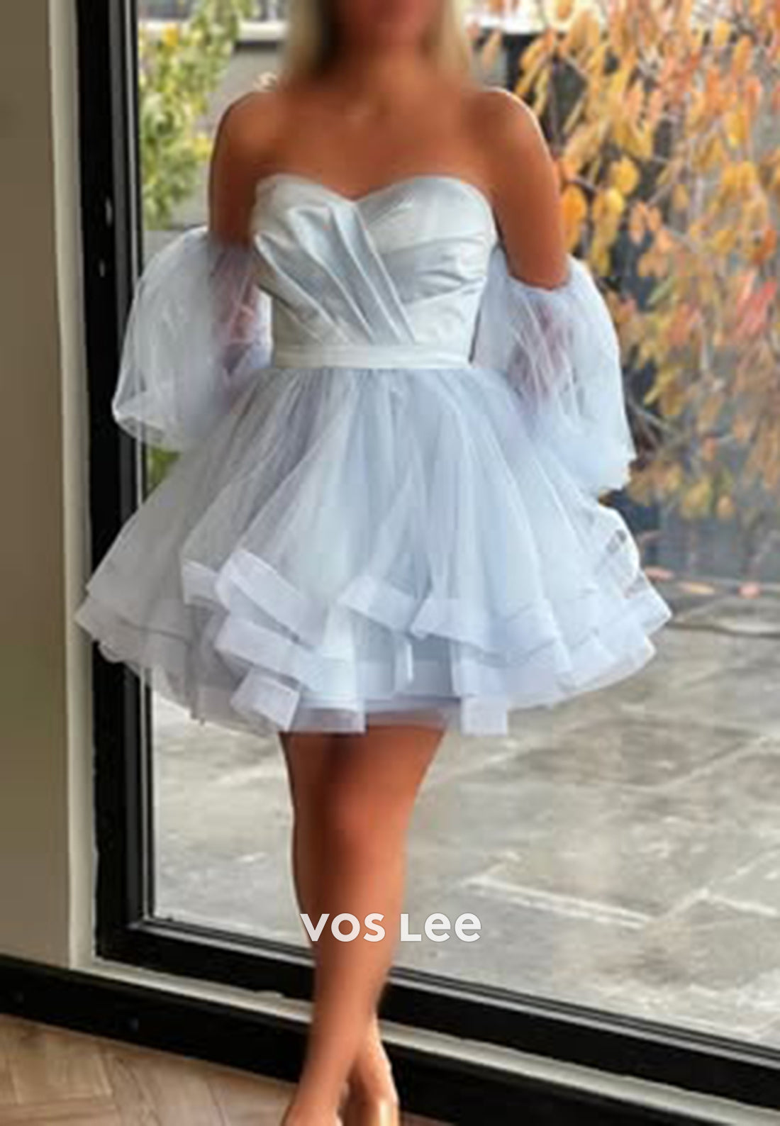 A-Line Tulle Short Sleeve Sweetheart Pleated Homecoming Dresses