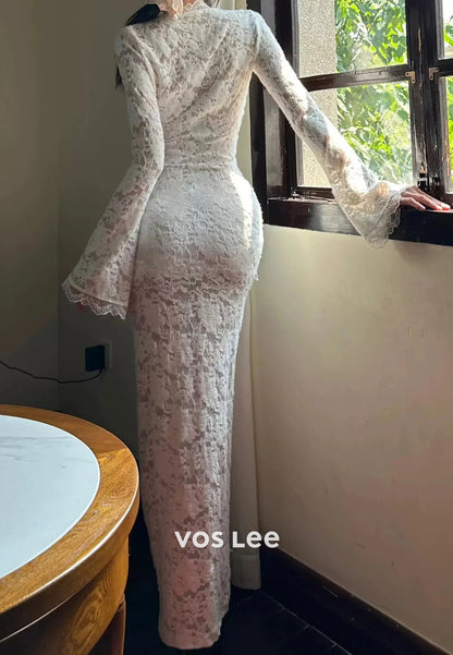 Bell Sleeves V Neck Appliques Lace Mermaid Ankle-Length Evening Dresses with High Split
