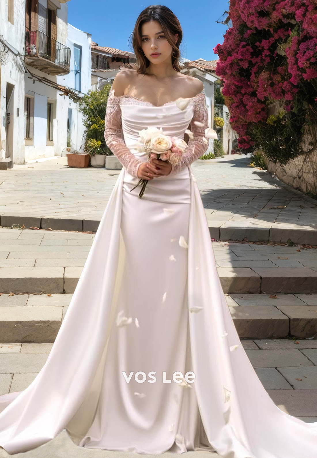 Elegant Satin Full Sleeves Long Wedding Dress Mermaid Scoop Wedding Gown with Detached Train