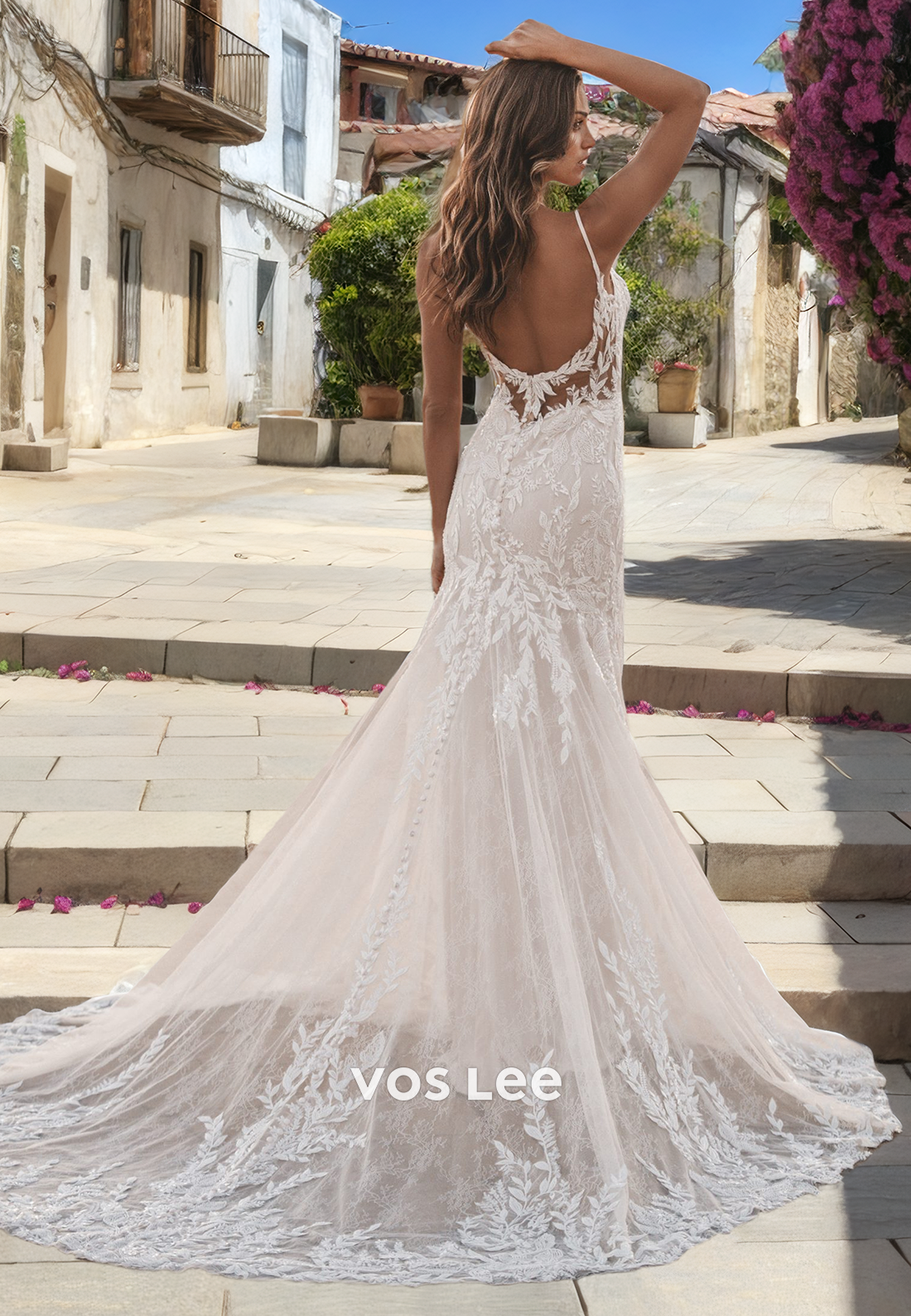 Luxury Sweetheart Floor Length Lace Wedding Dress Straps Backless Sweep Train Princess Dress