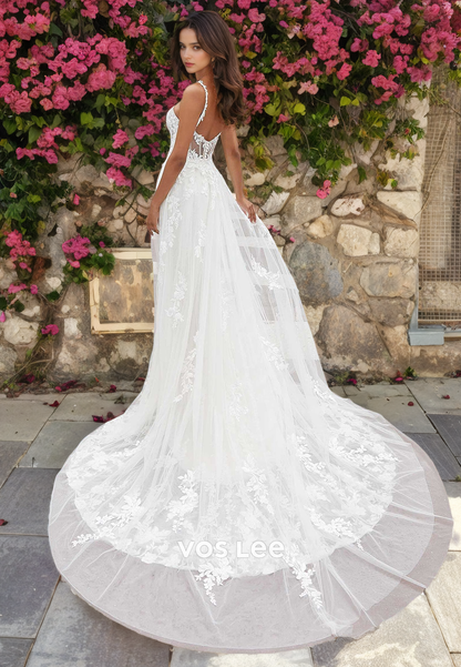 Sweetheart Lace Spaghetti Straps Formal Wedding Dresses Button Back Sweep Train Bride Gown