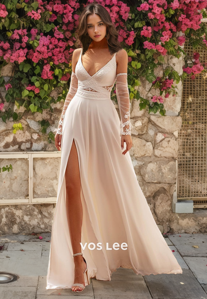 Classy V-Neck Chiffon Spaghetti Straps Wedding Dress with Slit Zipper Back Engagement Dresses