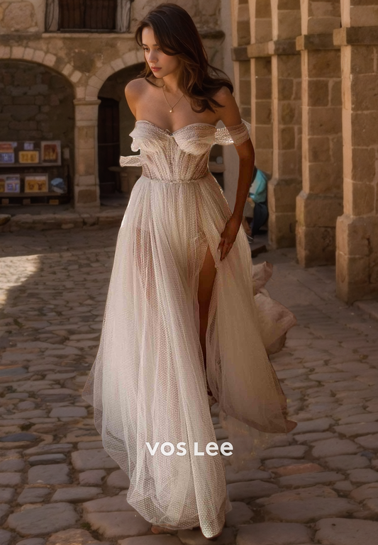 A-Line Sweetheart Tulle Off-Shoulder Formal Wedding Dress Long Train Bride Dress with Side Slit