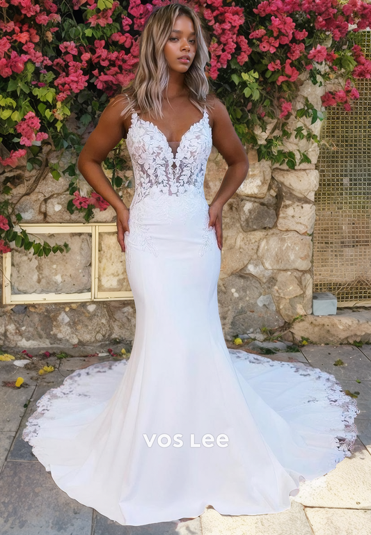 Dreamy V Neck Lace Sweep Train Mermaid Wedding Dress Backless Spaghetti Straps Bridal Dresses