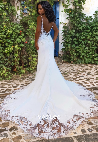 Dreamy V Neck Lace Sweep Train Mermaid Wedding Dress Backless Spaghetti Straps Bridal Dresses