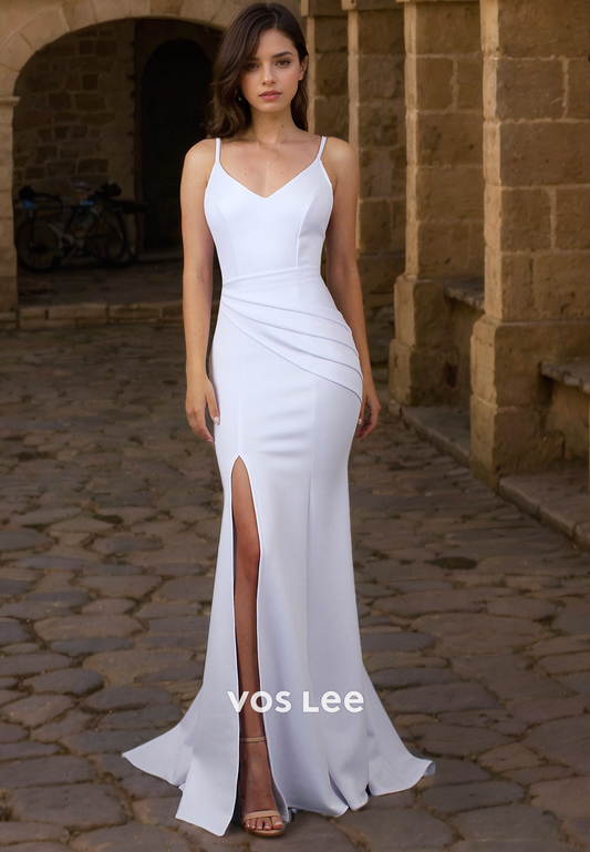 V Neck White Straps Simple Wedding Dress Mermaid Zipper Back Bridesmaid Dresses