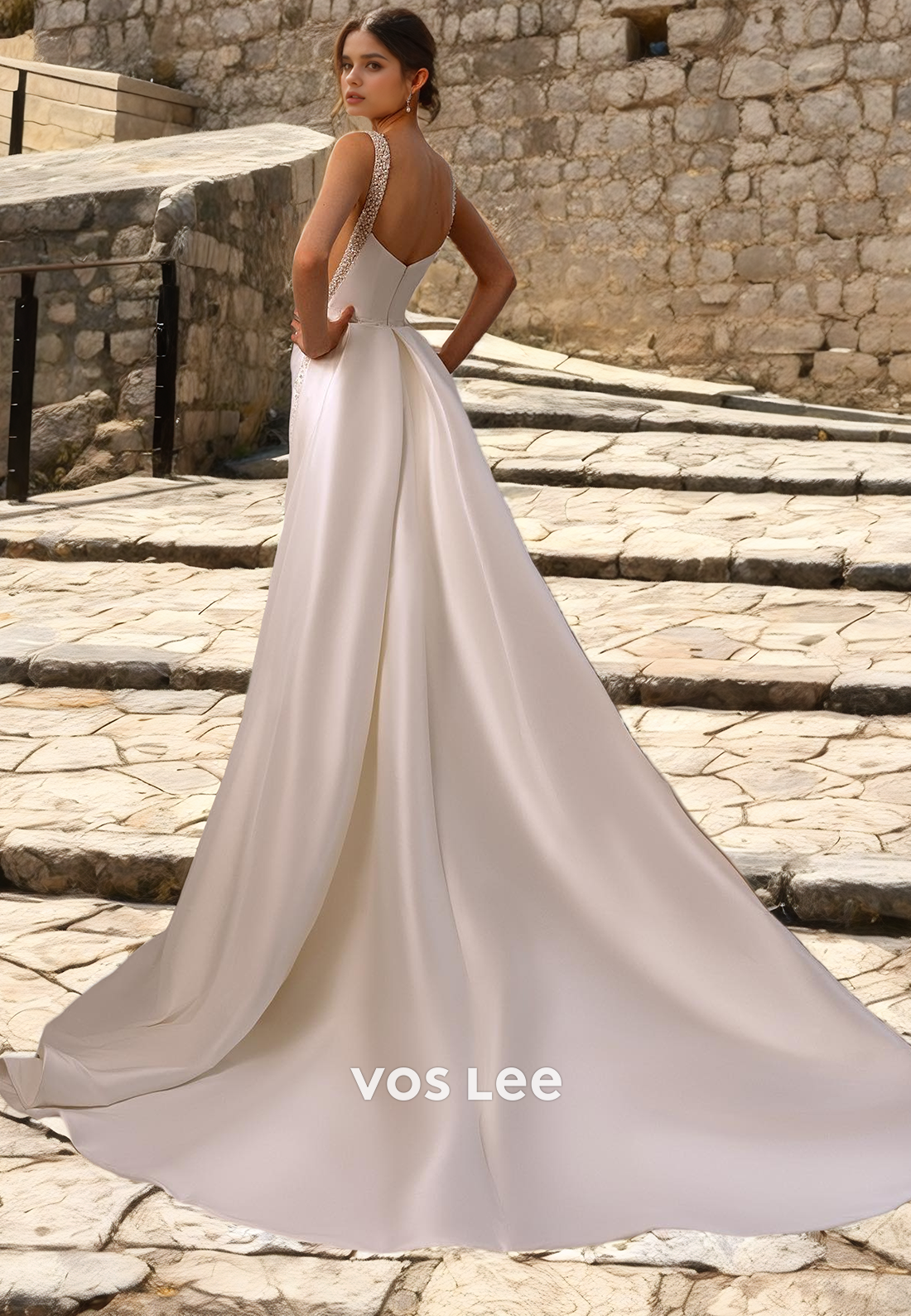 Elegant Satin Mermaid Formal Wedding Dress with Detached Train Spaghetti Straps Zipper Back Bridal Gown