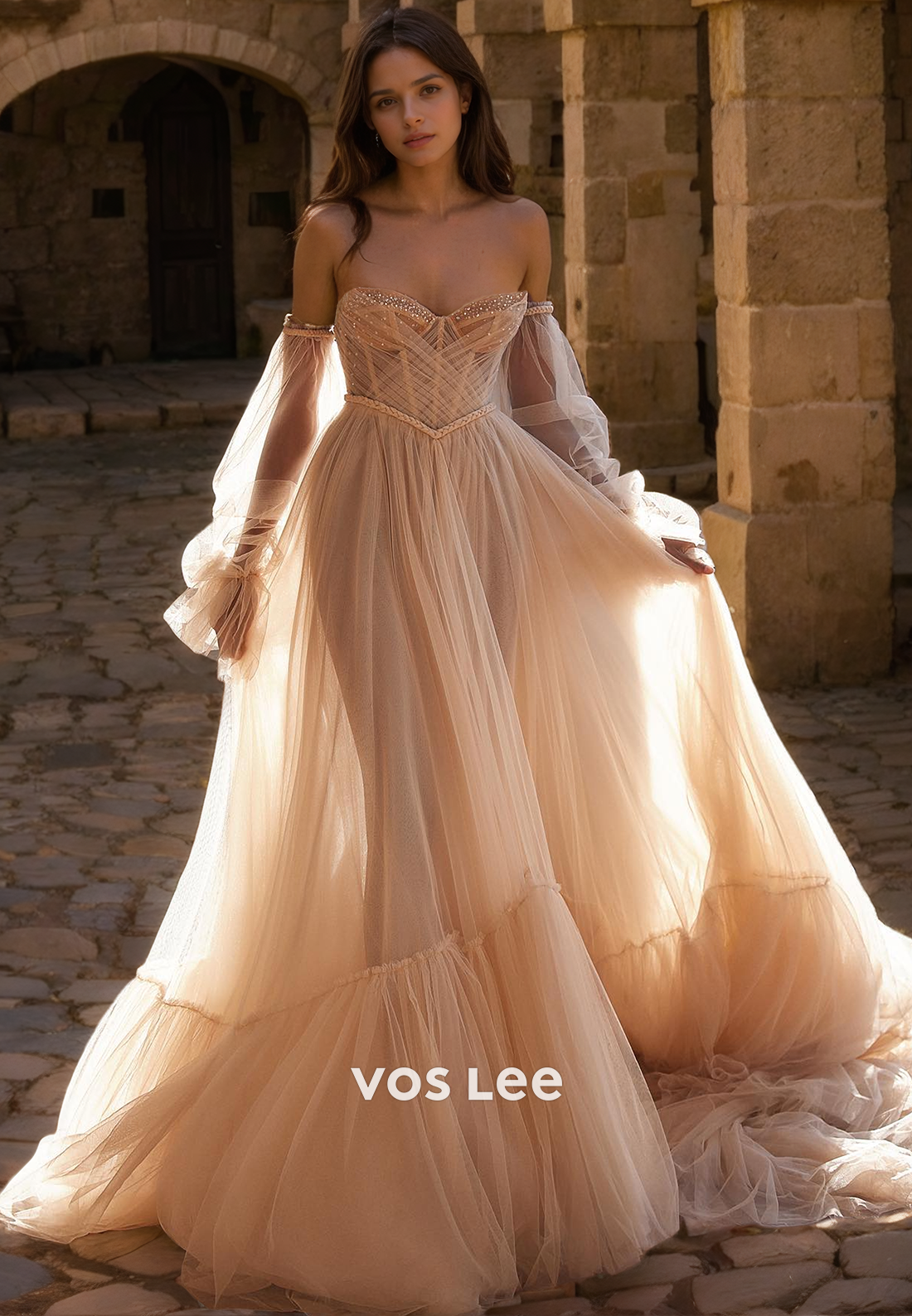 Dreamy Sweetheart Champagne Wedding Dresses Long Sleeves Tulle Floor Length Beads Bridal Dress