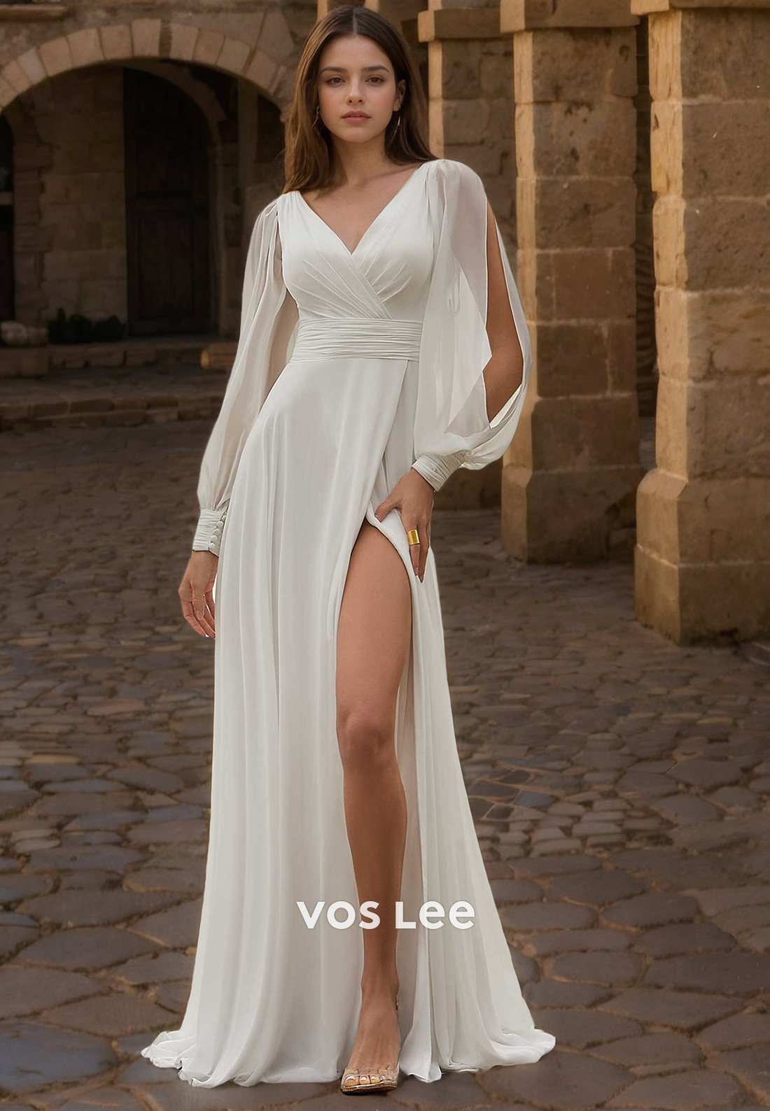 V-Neck Sweep Train Full Sleeves Wedding Dresses Backless Chiffon Formal Bride Dress with High Slit