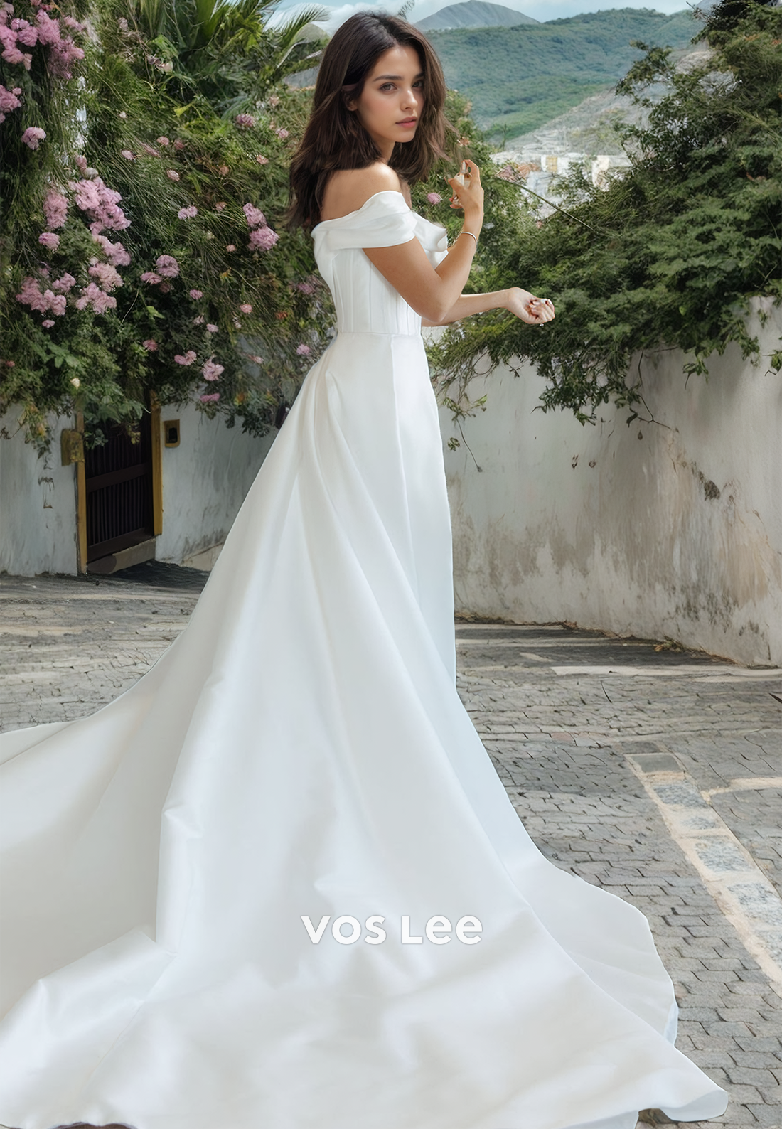 Elegant A-Line Off Shoulder Cathedral Court Satin Wedding Dress