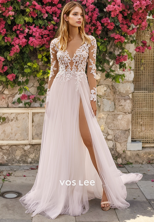 Boho A-Line Low-V-Neck Open Back Sweep Train Tulle Wedding Dress with Appliques