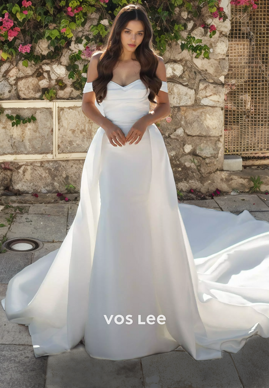 A-Line Sweetheart Strapless Chapel Train Satin Wedding Dress