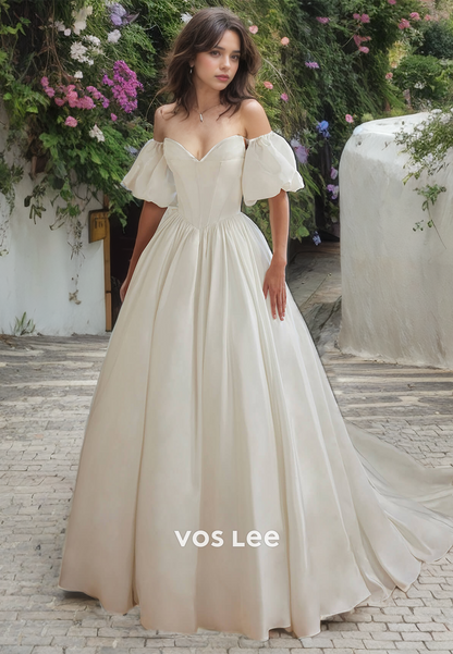 A-Line Strapless Short Sleeves Satin Weddding Dress