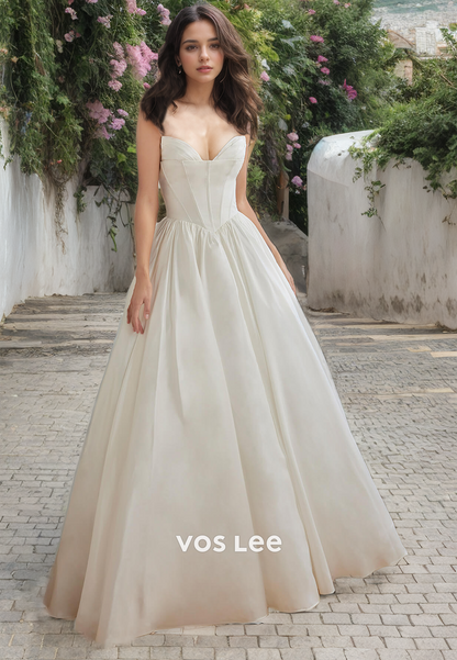 A-Line Strapless Short Sleeves Satin Weddding Dress