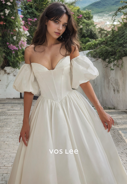 A-Line Strapless Short Sleeves Satin Weddding Dress