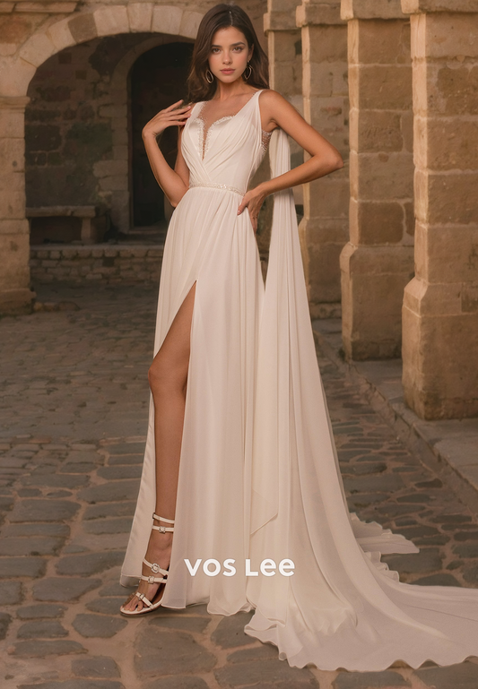 A-Line V-Neck Chiffon Beach Wedding Dress with High Slit