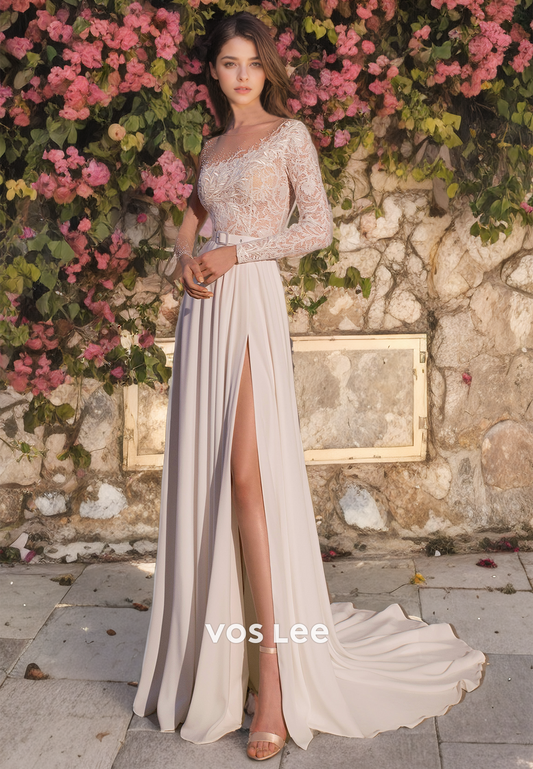 Boho A-Line Scoop Chiffon Beach Wedding Dress with High Slit and Applique Lace