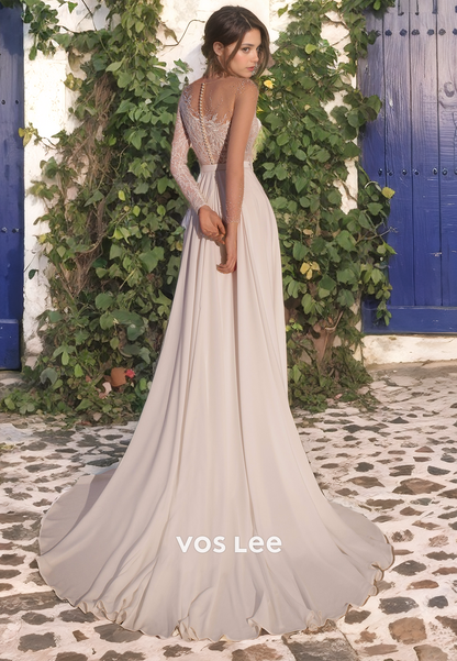 Boho A-Line Scoop Chiffon Beach Wedding Dress with High Slit and Applique Lace