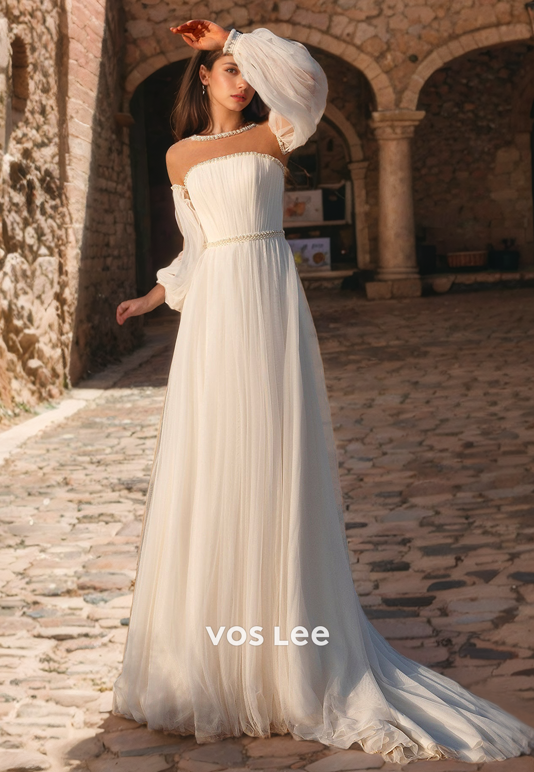 Boho A-Line Bateau Long Sleeves Tulle Beach Wedding Dress with Beaded Sashes