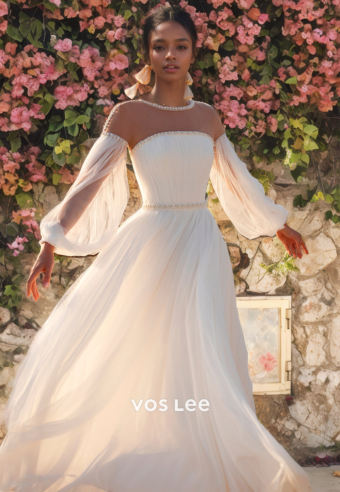 Boho A-Line Bateau Long Sleeves Tulle Beach Wedding Dress with Beaded Sashes