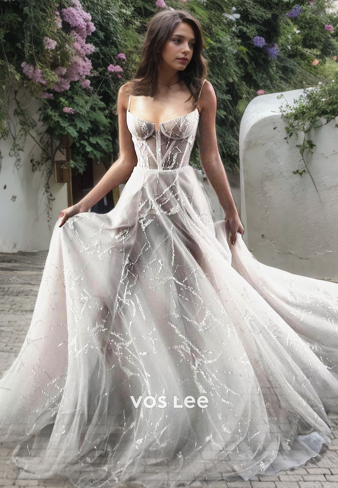 A-Line V-Neck Spaghetti Straps Tulle Beach Wedding Dress with Train