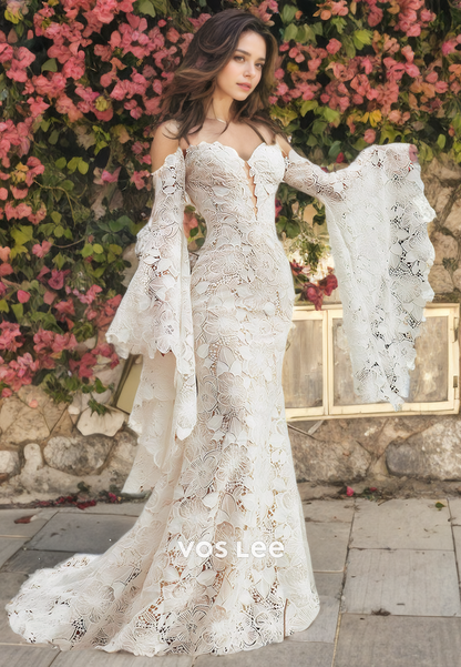 Trumpet/Mermaid Sweetheart Open Back Applique Lace Wedding Dress with Bell Sleeves