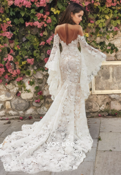 Trumpet/Mermaid Sweetheart Open Back Applique Lace Wedding Dress with Bell Sleeves