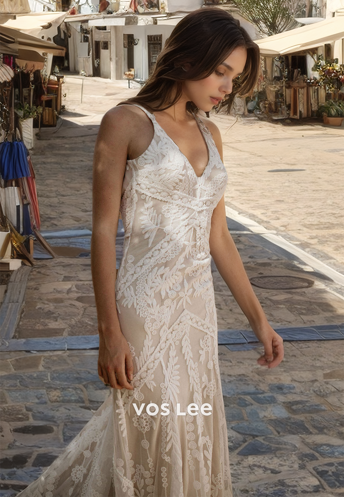 Boho Sheath/Column V-Neck Open Back  Lace Wedding Dress with Train